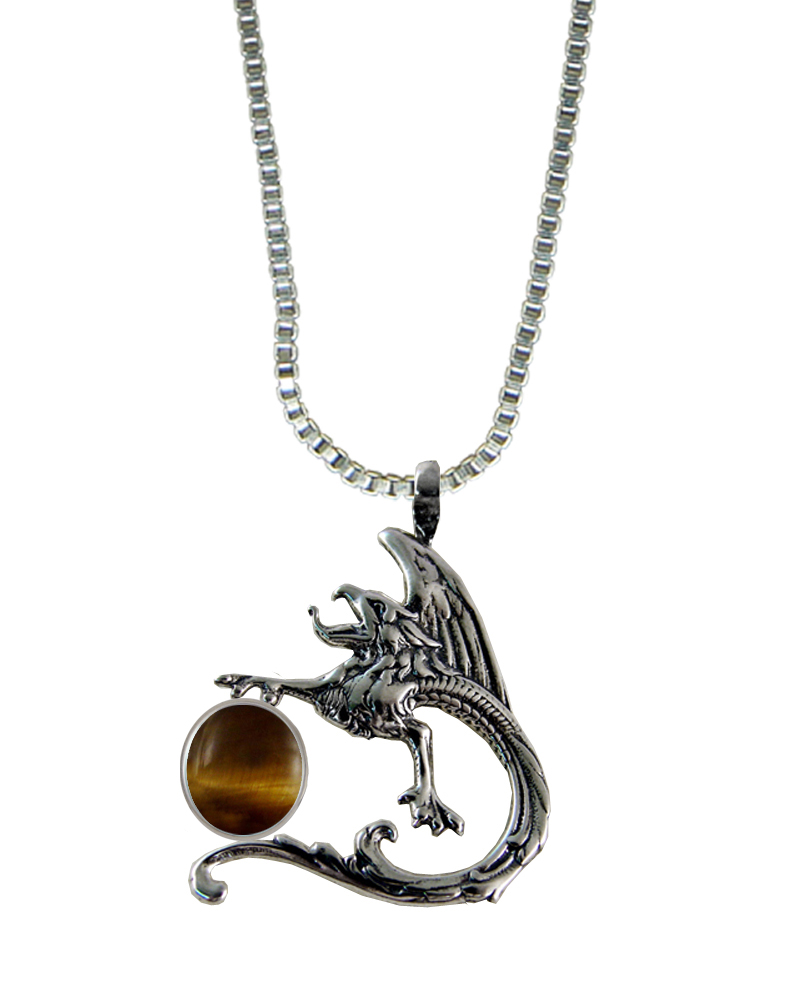 Sterling Silver Tattoo Dragon Pendant With Tiger eye